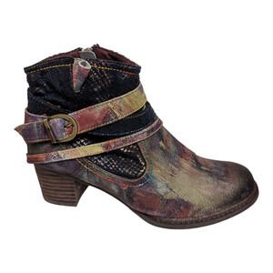 L’Artiste Shazzam Hand Painted Navy Leather Ankle Boots Boho Luxe EU 40